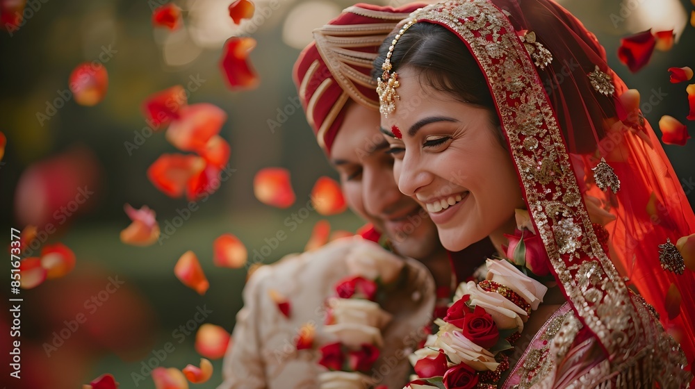 Fototapeta premium Radiant Indian Bride in Traditional Red Sari and Ornate Veil Amid Vibrant Floral Backdrop