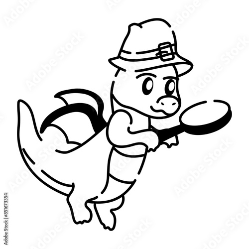 Modern doodle icon depicting baby dragon exploring with magnifier 