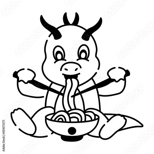 Grab this doodle icon of baby dragon eating noodles 
