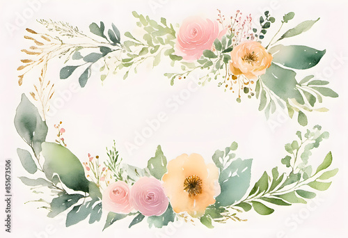 A watercolor floral frame with leaves and flowers surrounding a blank white center. The design is delicate and elegant, suitable for invitations, wedding or greeting cards.
