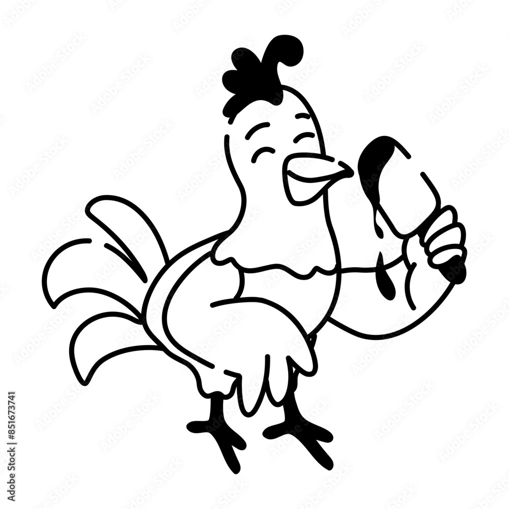 Fototapeta premium Modern doodle icon of a chicken eating dessert 