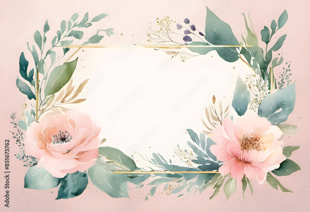 Obraz premium A watercolor floral frame with leaves and flowers surrounding a blank white center. The design is delicate and elegant, suitable for invitations, wedding or greeting cards.