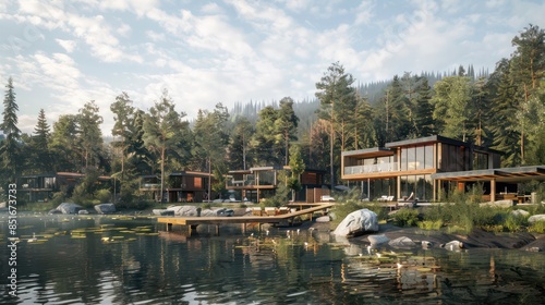 rchitectural plans for a contemporary lakeside retreat with luxury cabins and recreational amenities photo