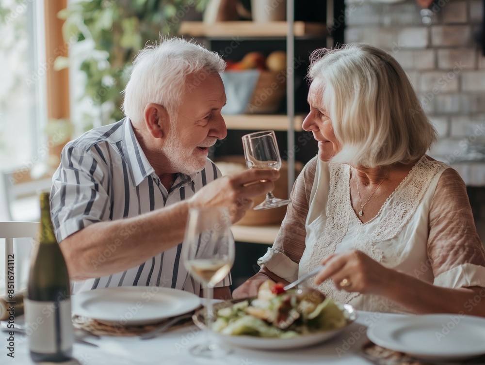 Happy 60s beautiful couple eating dinner together at home, couple in love toasting while sitting close to each other Happy 60s beautiful couple eating dinner together at home, couple in love toasting while sitting close to each other