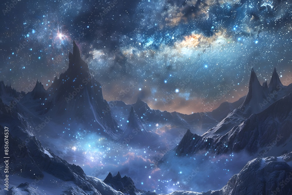 Milky Way, surrounded by mountains. Fairy tale world, fantasy style.