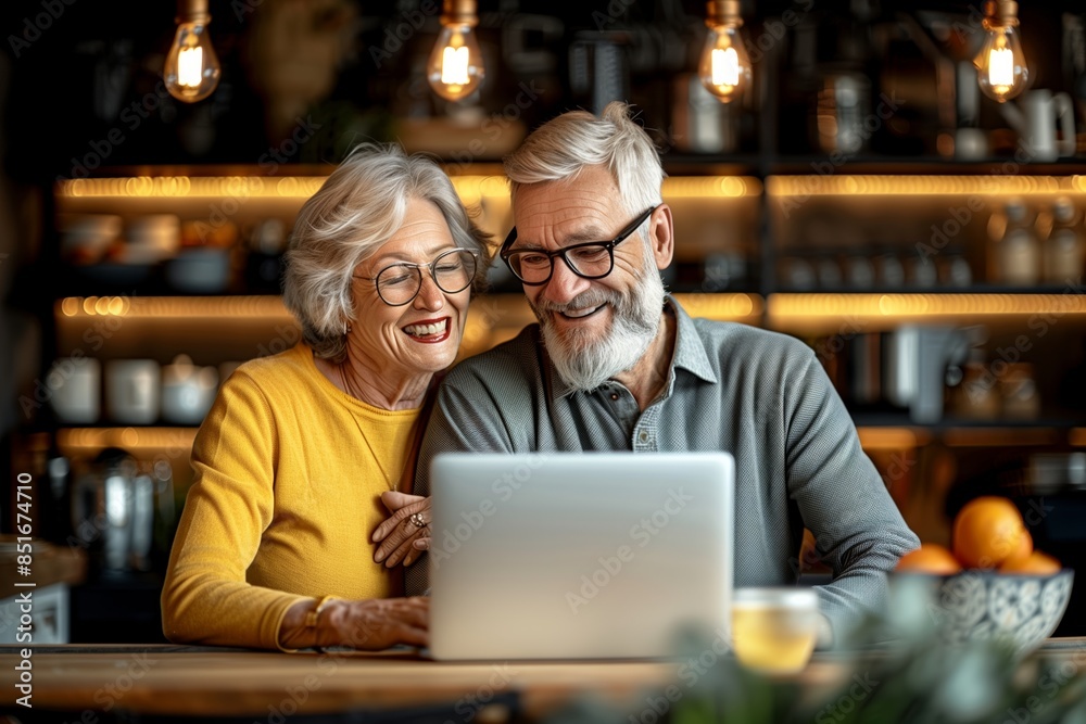 A senior couple working together on a laptop in a cozy, modern café. A senior couple working together on a laptop in a cozy, modern café.
