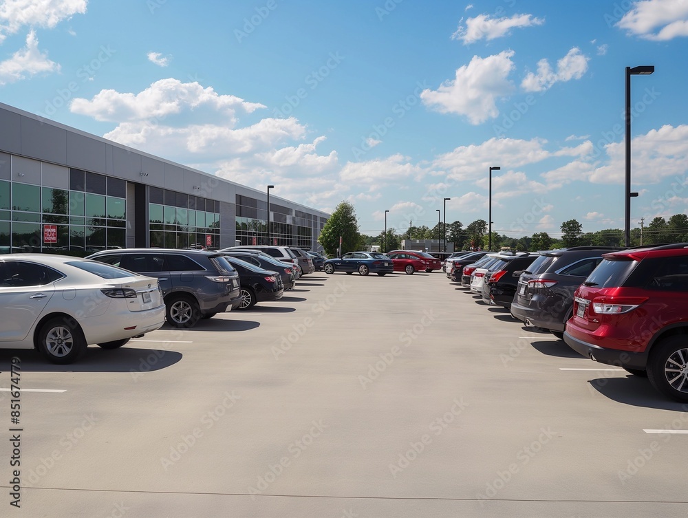 view of the dealership terminal parking lot with a rows of new cars view of the dealership terminal parking lot with a rows of new cars