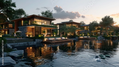 rchitectural plans for a contemporary riverside resort with luxury villas and recreational amenities