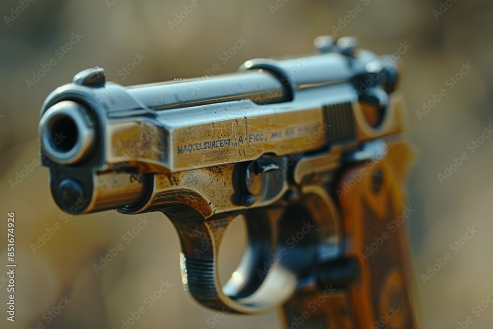 A close-up of a detailed, well-maintained handgun with a reflective ...
