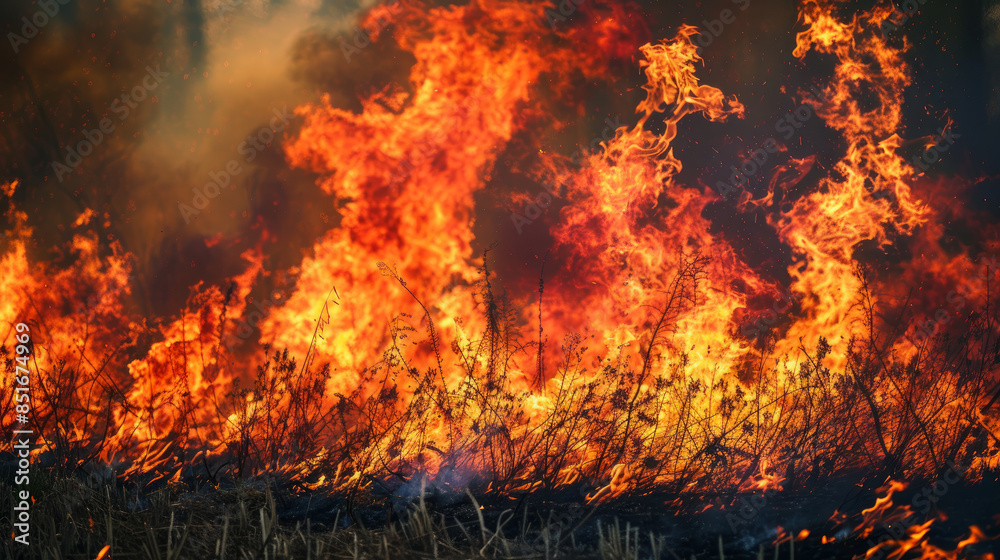 A huge fire is raging in nature. The fire is spreading quickly like a wildfire in the dry grass. It is an emergency situation. A huge fire is raging in nature. The fire is spreading quickly like a wildfire in the dry grass. It is an emergency situation.