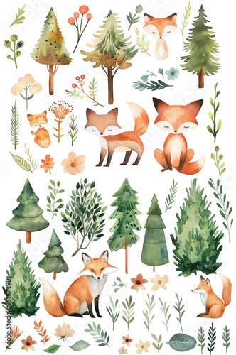Forest cartoon animals, , , leaves, stump, spruce, plants for cute baby cards and baby showers. Watercolor set