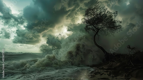 A large tree is being battered by a storm. The waves are crashing against the shore. The sky is dark and the water is rough.