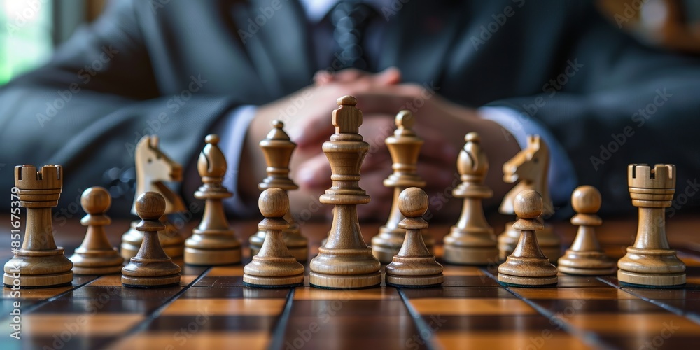 custom made wallpaper toronto digitalClose-up view of a chessboard with a focused individual in the background, highlighting a strategic game of chess with beautifully crafted wooden pieces