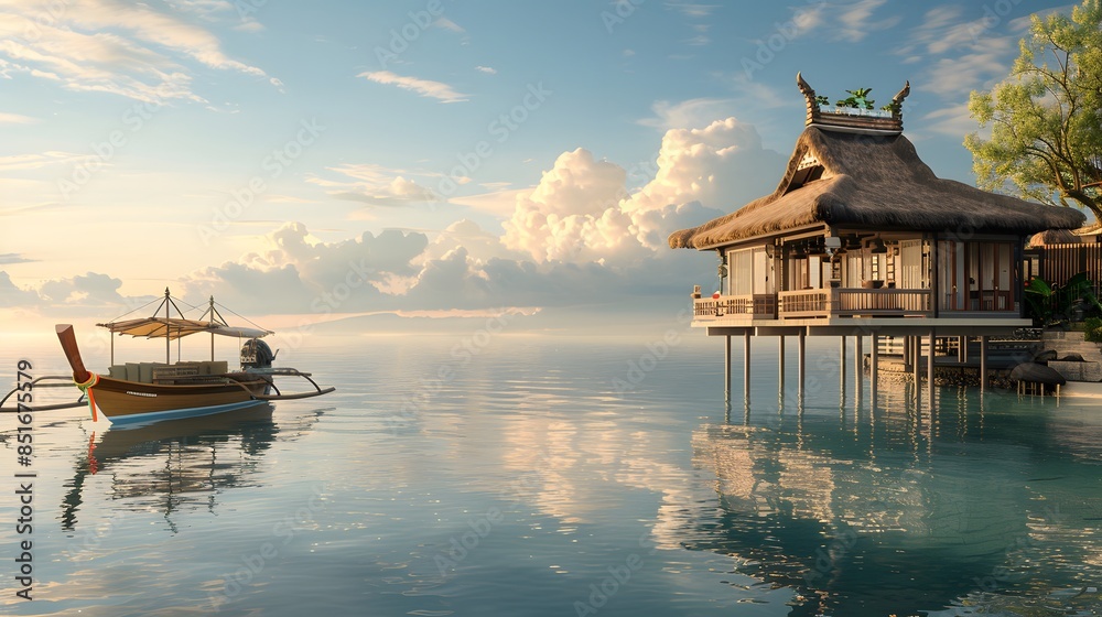 Gorgeous view of the ocean. A beautiful overwater house. At dawn. Resort, banner background with copy space. Gorgeous view of the ocean. A beautiful overwater house. At dawn. Resort, banner background with copy space.