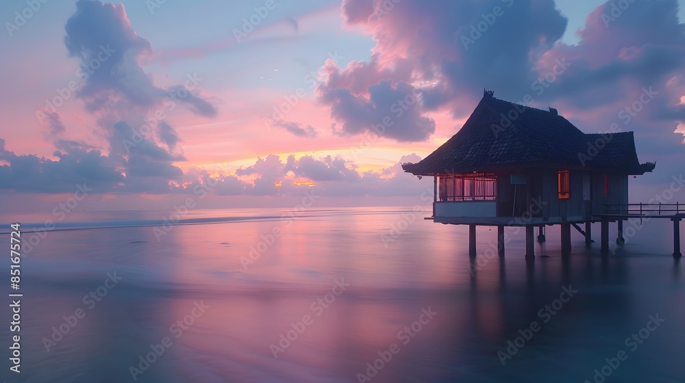 Gorgeous view of the ocean. A beautiful overwater house. On the Sunset. Resort, banner background with copy space. Gorgeous view of the ocean. A beautiful overwater house. On the Sunset. Resort, banner background with copy space.