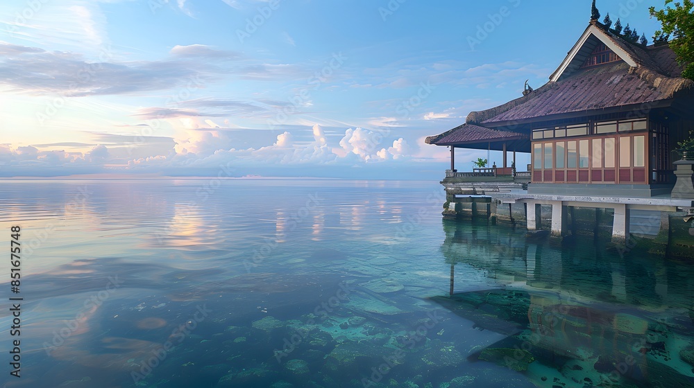 Gorgeous view of the ocean. A beautiful overwater house. At dawn. Resort, banner background with copy space. Gorgeous view of the ocean. A beautiful overwater house. At dawn. Resort, banner background with copy space.