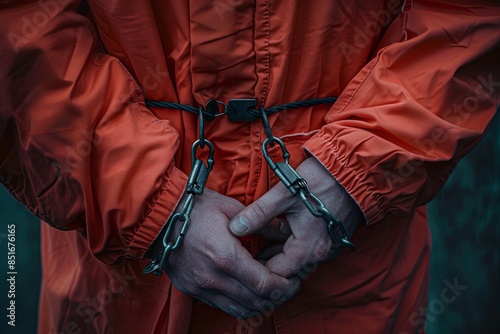 Close-up of hands in handcuffs. Person in an orange jumpsuit. Conceptualizing law enforcement. Ideal for crime prevention topics. Suitable for editorial and educational purposes. Generative AI photo