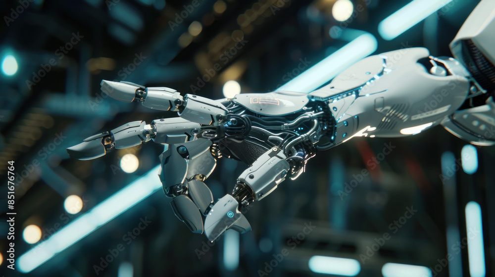 A robotic hand with fingers pointing, controlled by advanced artificial intelligence. A robotic hand with fingers pointing, controlled by advanced artificial intelligence.