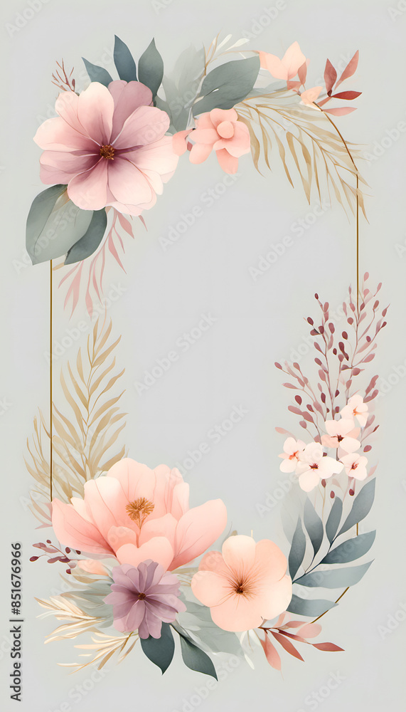 Obraz premium A watercolor floral frame with leaves and flowers surrounding a blank white center. The design is delicate and elegant, suitable for invitations, wedding or greeting cards.