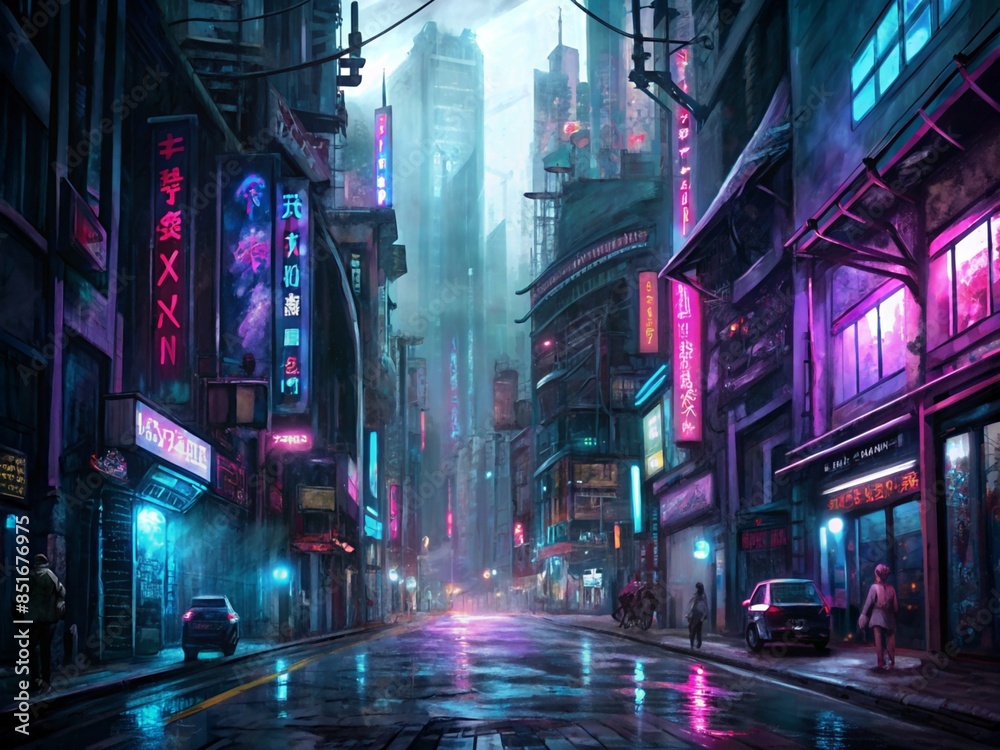 Cyberpunk City Street at Night with Neon Lights and Rain