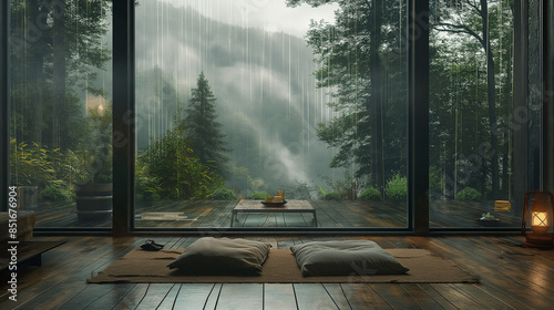 Cozy cabin interior, wooden floor, large window with a forest view, a rainy day outside, moody, atmosphere, realistic