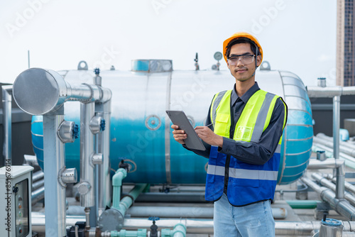 Engineer checks valves, water tanks, pumps and equipment related to hot water production pipe systems. photo