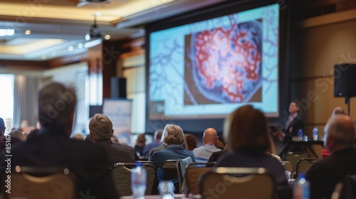 Audience attentively watches a scientific presentation at a conference, featuring a detailed image on a large screen in a modern venue.