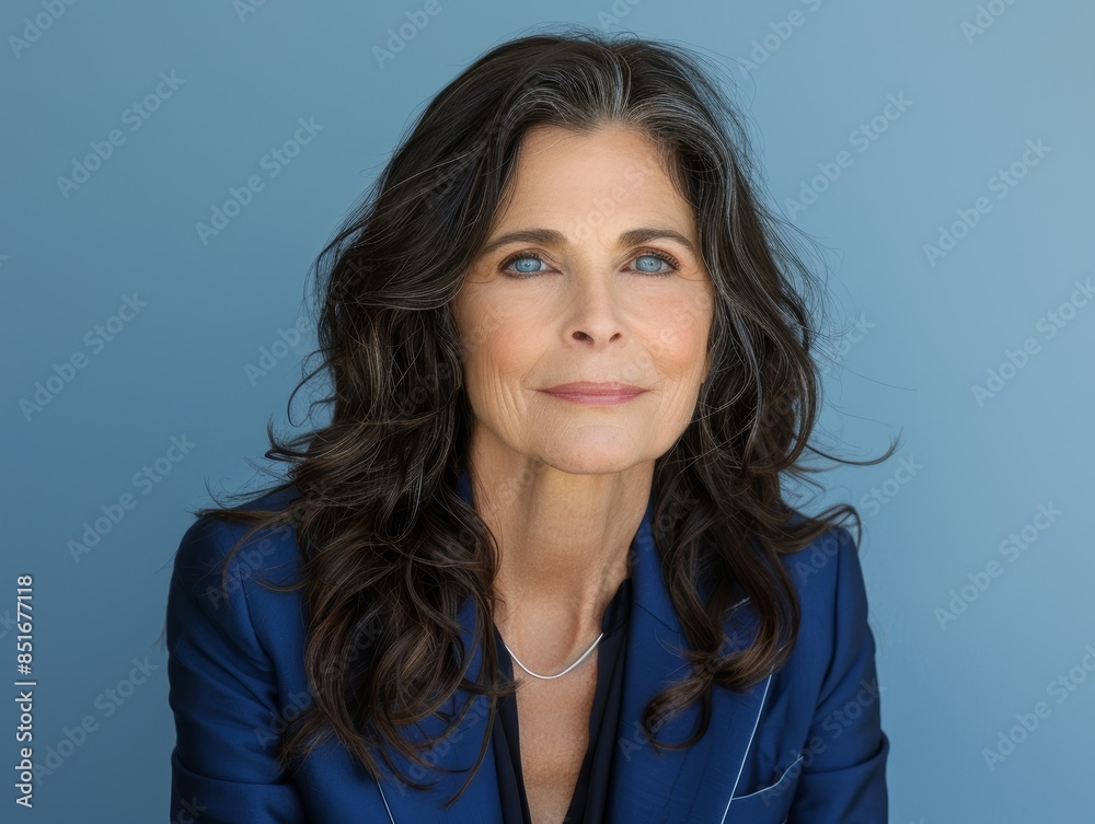 Portrait of an elegant woman with long dark hair and striking blue eyes, wearing a dark blue suit against a matching blue background Portrait of an elegant woman with long dark hair and striking blue eyes, wearing a dark blue suit against a matching blue background