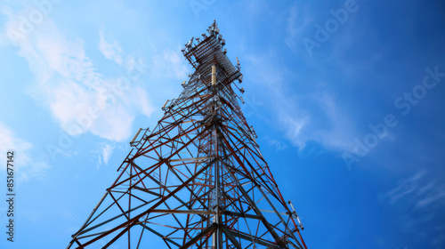 A tall metal tower used by phone and internet companies to send and receive signals. It has antennas for TV, wireless internet, and other communication devices.