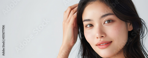 Beautiful Japanese woman smooth skin touching her face smiling slightly against white background of advertising poster skincare product She long hair down her shoulder wearing simple makeup natural photo