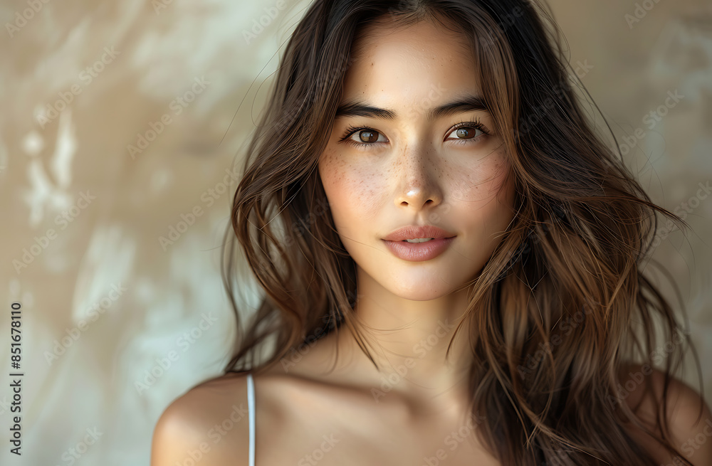 beautiful Japanese woman smooth skin smiling touching her face front of camera wearing white sleeveless top posing advertising campaign background beige creating simple yet elegant atmosphere Her hair beautiful Japanese woman smooth skin smiling touching her face front of camera wearing white sleeveless top posing advertising campaign background beige creating simple yet elegant atmosphere Her hair