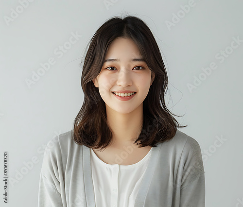 Beautiful Japanese woman her early mid twenty smiling camera shoulderlength hair wearing business casual attire of light gray cardigan over white shirt She standing against clean solid background one photo