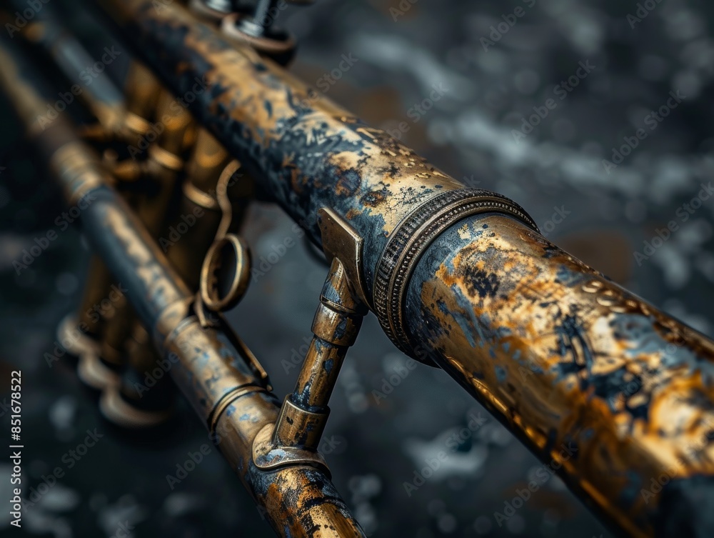 A close-up photograph of a weathered and patina-covered brass musical instrument highlighting the intricate details and aging texture on the surface A close-up photograph of a weathered and patina-covered brass musical instrument highlighting the intricate details and aging texture on the surface
