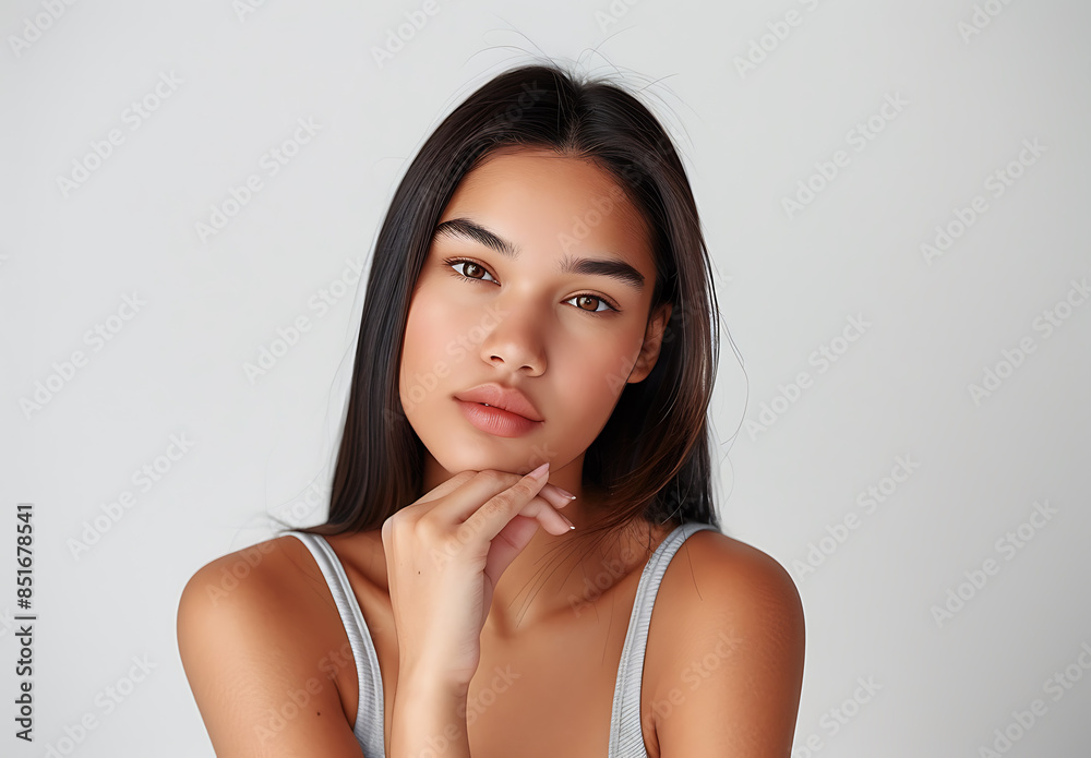 beautiful woman straight hair wearing light gray tank top holding her chin front of white background She touching side of her face slightly skin tone no blemish she appears have fair complexion Her