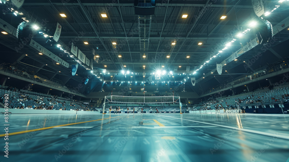 A volleyball court is shown from below, with spectators in the stands and empty space above. The camera focuses on the court in the foreground, blurring the background. A volleyball court is shown from below, with spectators in the stands and empty space above. The camera focuses on the court in the foreground, blurring the background.