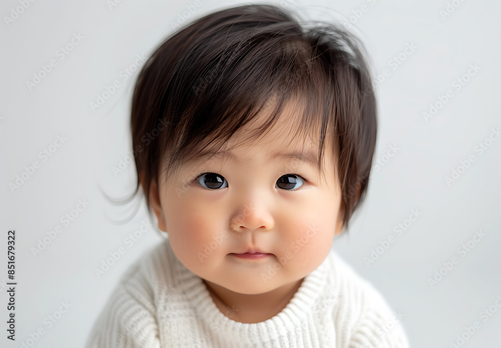 Closeup photo of Asian baby wearing white looking camera his head tilted one side background pure white photo taken using Canon EOS R5 using macro lens focusing capturing detail texture high Closeup photo of Asian baby wearing white looking camera his head tilted one side background pure white photo taken using Canon EOS R5 using macro lens focusing capturing detail texture high