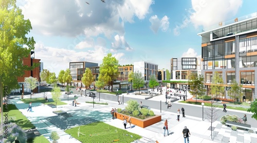 Blueprints of a modern urban redevelopment project with mixed-use buildings and green spaces
