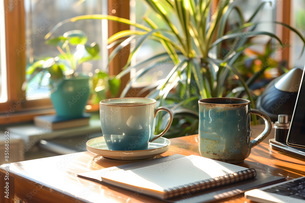 A table with two cups and a notebook A table with two cups and a notebook