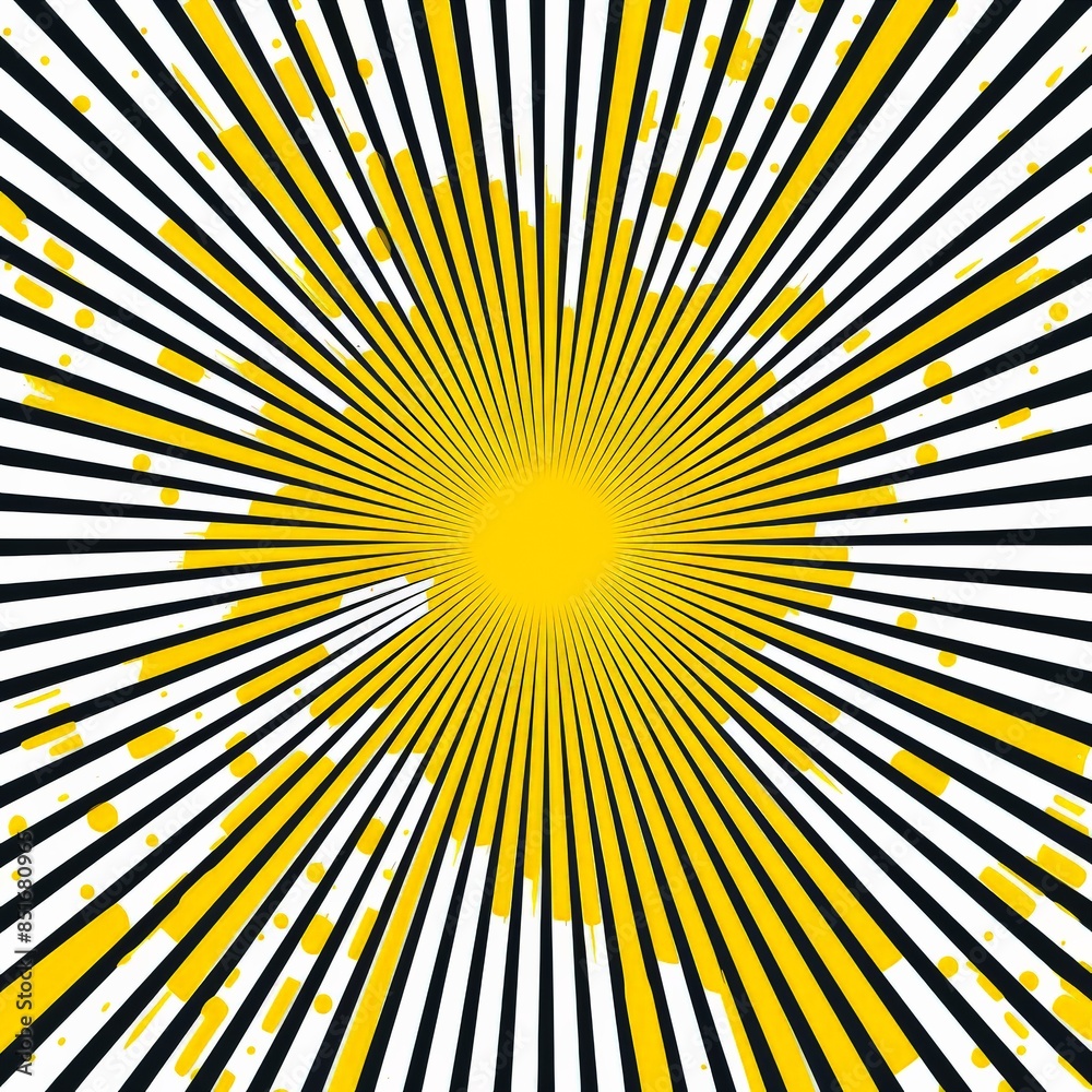 Fototapeta premium Abstract yellow and black radial lines with splashes of yellow. Dynamic, energetic pattern ideal for backgrounds or graphic design projects.