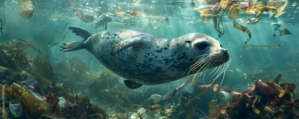 Naklejka premium A spotted seal swims gracefully through underwater kelp forests, illuminated by sunlight filtering through the water surface above.
