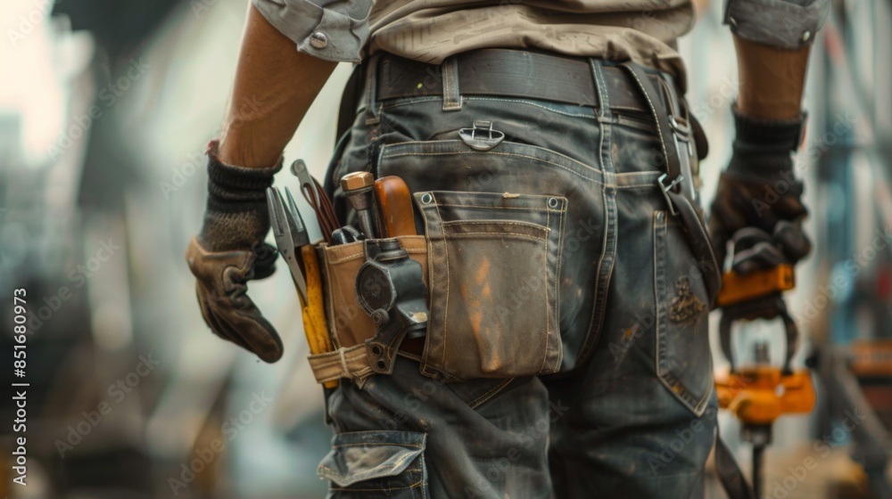 Closeup of Maintenance worker with bag and tools kit wearing on waist Closeup of Maintenance worker with bag and tools kit wearing on waist