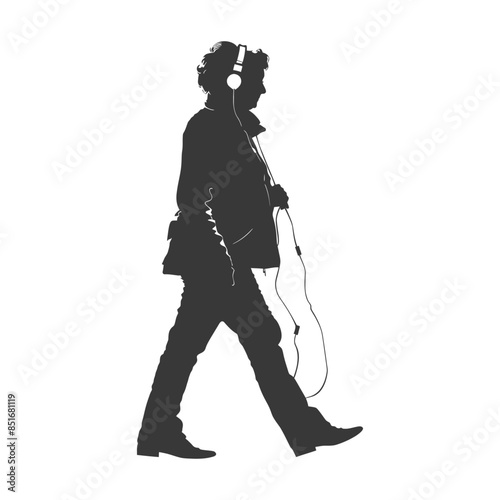 Silhouette Walker: Musician with Guitar and Headphones, Isolated.