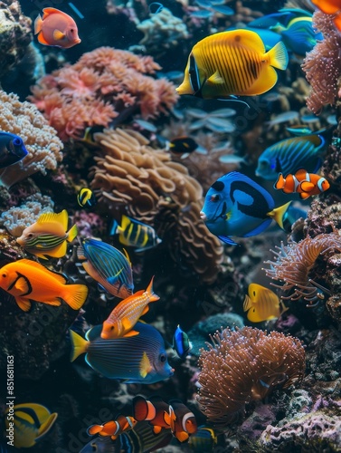 A vibrant underwater scene featuring a variety of colorful tropical fish swimming among beautiful coral reefs in clear blue water.
