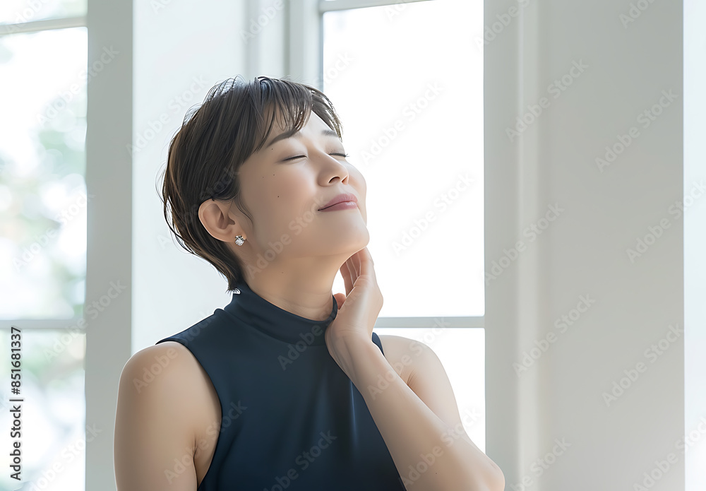 Japanese woman her late thirty short hair wearing elegant navy blue sleeveless dress gently massaging left side of her neck while standing large window inside bright room She warm skin tone smile Japanese woman her late thirty short hair wearing elegant navy blue sleeveless dress gently massaging left side of her neck while standing large window inside bright room She warm skin tone smile