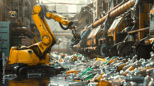 A robot arm is picking up plastic bottles in an industrial factory. with other machines and robots that work in different recycling stages © Akharadat