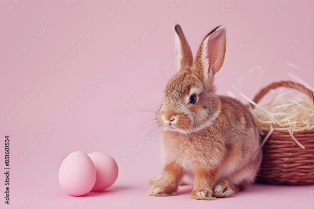 3D cute bunny in a hole in a wall Easter eggs and forest Pink background
