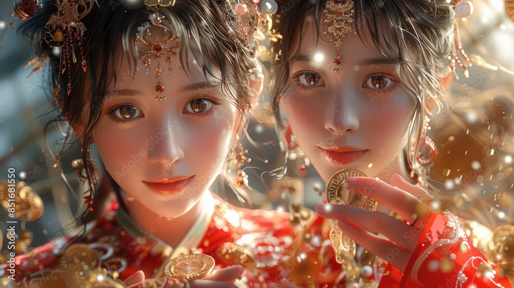 An attractive portrait of a gorgeous young Chinese woman wearing a red ancient Chinese costume is smiling happily with a face that's full of positive emotion, with a sparkling background. An attractive portrait of a gorgeous young Chinese woman wearing a red ancient Chinese costume is smiling happily with a face that's full of positive emotion, with a sparkling background.