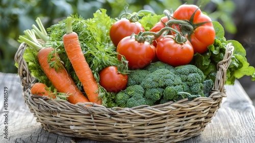Basket filled with fresh vegetables including carrots, tomatoes, lettuce, and broccoli. Perfect for healthy eating and organic recipes.