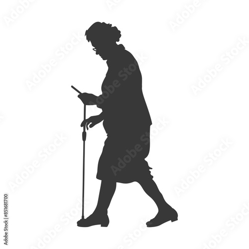 Silhouette of an elderly woman walking with cane, looking at phone.