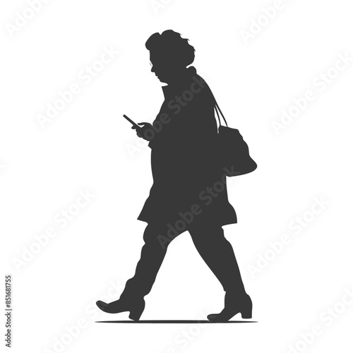 Silhouette of Woman Walking, Phone in Hand, Oversized Bag.